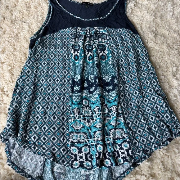 RXB Navy and Teal Mixed-Print Sleeveless spring summer flowy Tank top blouse - Picture 3 of 4